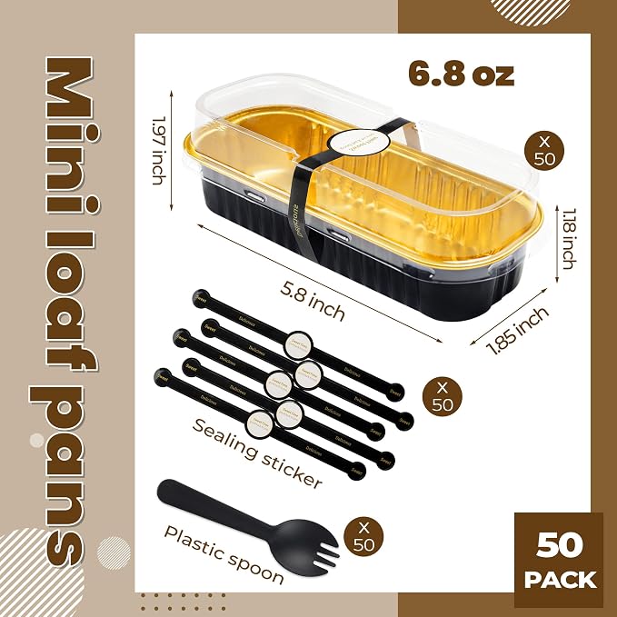 50 Pack Mini Loaf Pans with Lids Rectangle Individual Cake Pans Aluminum Foil Pans for Large Gatherings Picnics Vacations Parties, Graduation Gifts Party Favors(Black Gold, 6.8 OZ)