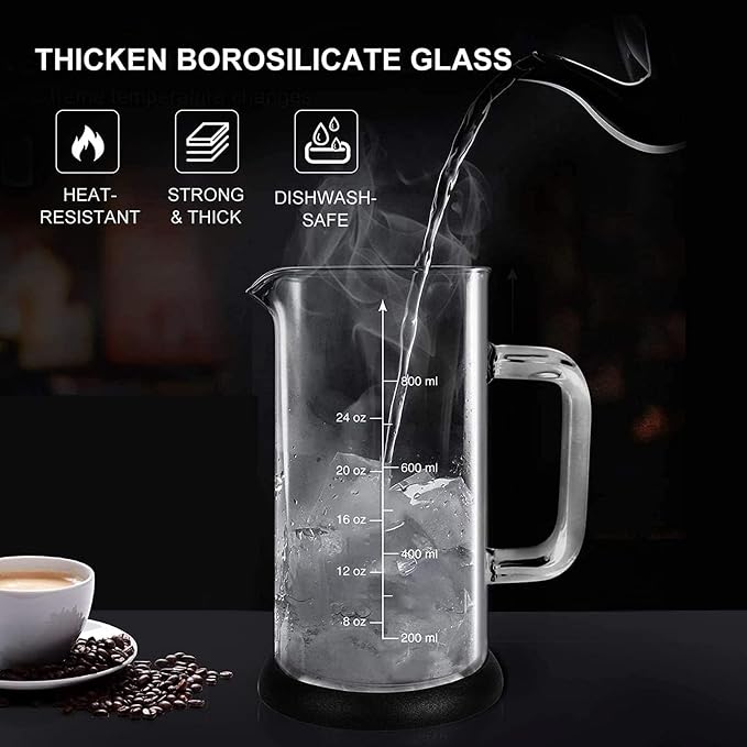 YMMIND French Press Coffee Maker 34 Ounce Espresso Tea Coffee Maker with 4 Filters System, Stainless Steel Plunger and Heat Resistant Borosilicate Glass BPA-Free Brewed Tea Pot Coffee Plunger