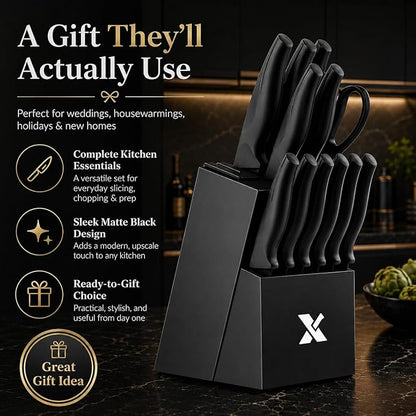 XANAPON Knife Set, 14 Pieces Kitchen Knife Set, High Carbon German Stainless Steel, Dishwasher Safe Cutlery with Built-in Knife Sharpener, Black