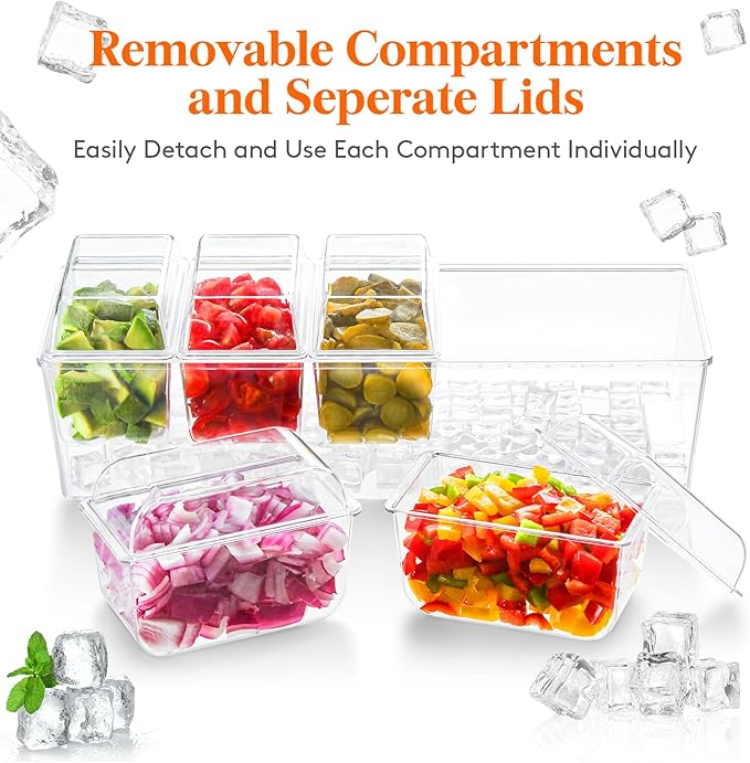 Lifewit Chilled Condiment Caddy with 5 x 20 oz Containers, Compact 15" Garnish Tray with Lids for Bartenders, Taco Bar Party Serving Set & Dirty Soda Bar Supplies, Ideal for Fruit, Salad, Toppings