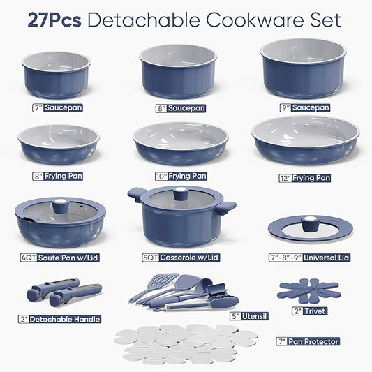 CAROTE 27pcs Ceramic Cookware Set Nonstick, Pots and Pans Set Non Stick, Non Toxic Cookware Detachable Handles, Dishwasher/Oven Safe, RV/Camping Cookware with Kitchen Utensils, Blue