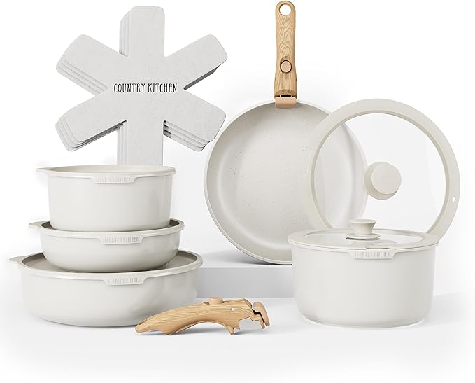 Country Kitchen Cookware Set with Removable Handle, Oven & RV Safe Pots and Pans Set, Cream Gold Speckle Wood Handle, Original
