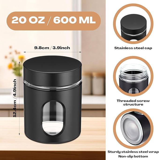 Mimorou 3 Pcs Stainless Steel Canister Set with Glass Windows Visible Storage Jars Silver Kitchen Canister Set for Pasta Flour Oat Sugar Container, Kitchen Tools, Housewarming Gifts (Black,20 oz)
