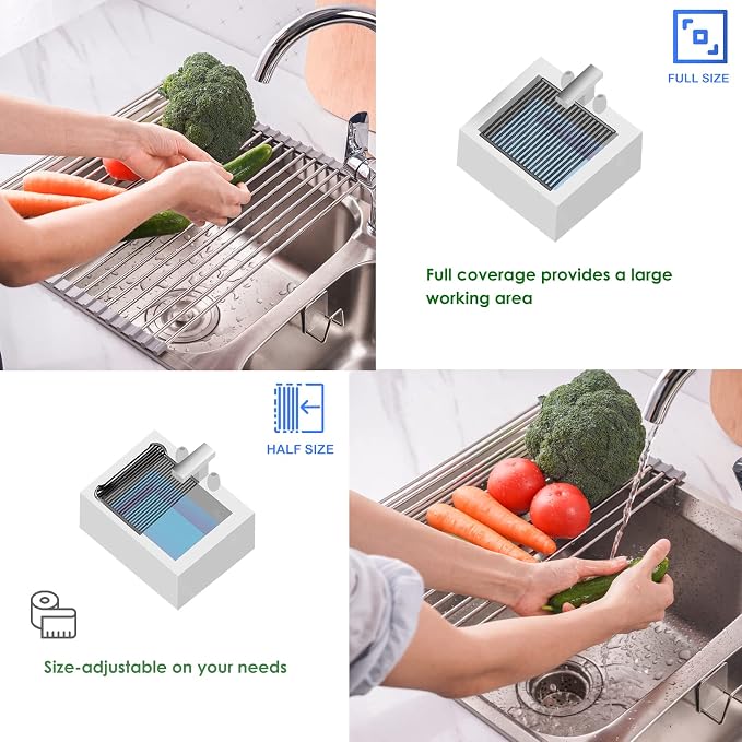 Tomorotec Roll Up Dish Drying Rack, Over The Sink Dish Drying Rack, Portable Stainless Steel Rolling Rack Multipurpose Kitchen Drainer Caddy Organizer Storage Shelf Holder, Gray