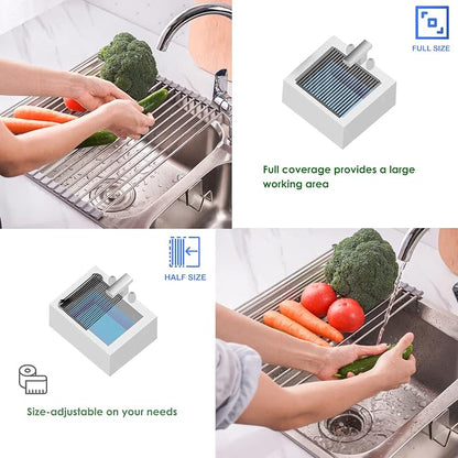 Tomorotec Roll Up Dish Drying Rack Over the Sink Grey Large Dish Drying Rack Rolling Foldable Collapsible SUS304 Stainless Steel Multipurpose Dish Drainer for Kitchen Counter (17.8”x15.7”)