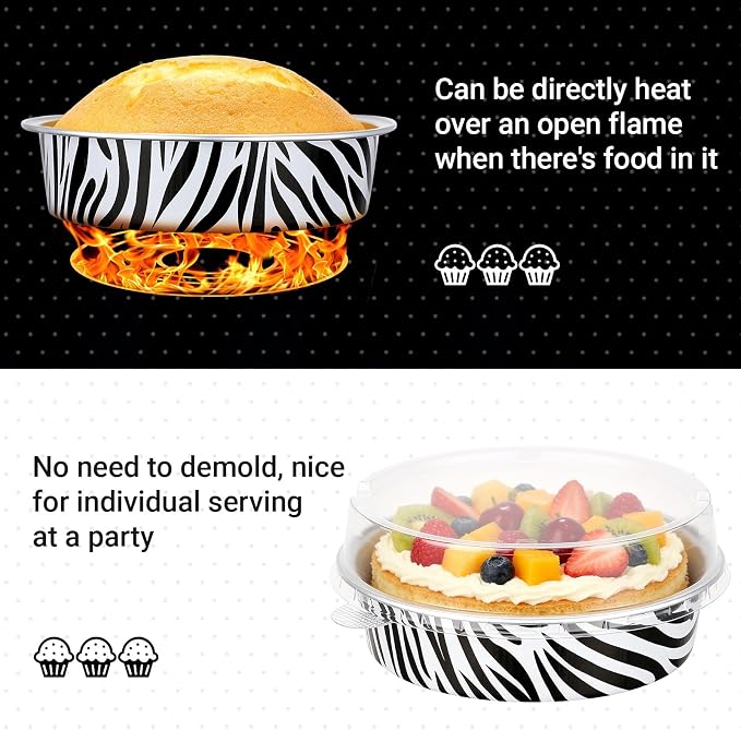 Beasea Mini Tart Pans with Lids 20 Pack, 4" 7.3oz Disposable Aluminum Foil Baking Tins Cups Round Pie Container for Individual Cupcake Dessert Muffin Cheesecake Quiche - Zebra Stripes