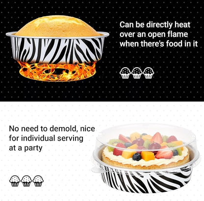Beasea Disposable Cupcake Pans with Lids, 100 Pack 7.3oz Aluminum Baking Foil Tart Pie Tins, Small Round Tart Containers for Individual Dessert Muffin Cheesecake Quiche Oven Dishes - Zebra Stripes