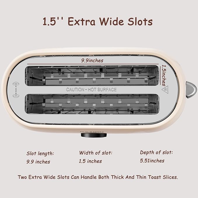 Toaster 4 Slice, KOTlAN Retro Long Slot Toasters with CountdownTimer,Stainless Steel Toaster,Bagel,Defrost,Reheat,Cancel Functions,Extra Wide Slots,6 Toast Settings,Removable Crumbs Tray,White