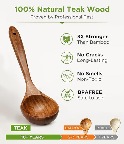 Wooden Utensil Set - 8 Pcs Teak Wooden Spoons for Cooking, Non Toxic, Heat Resistant, Durable & Safe for Kitchen Nonstick Cookware