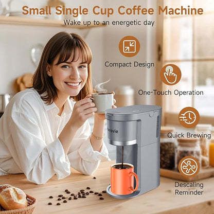 Horavie Small Single Serve Coffee Maker, Fast Brew One Cup Coffee Machine for K Cup and Grounds, 6 to 12 oz. Brew Sizes, Capsule Coffee Machine with Descaling Reminder and Viewing Tank, Grey
