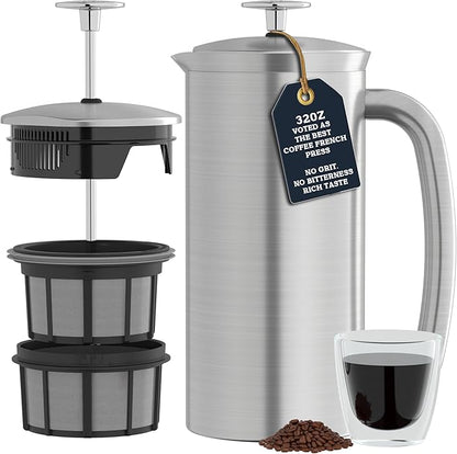 ESPRO Fathers Day French Press Coffee Maker for Dad, Pro P7 Brushed Stainless Steel 304, Patented Double Walled Micro-Filter, Insulated Grit-Free Brew, Heat Resistant BPA Free, 32oz