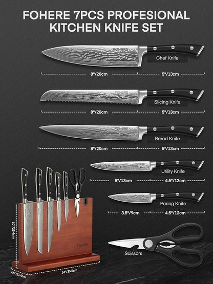 Kitchen Knife Set, FOHERE Knives Set with Magnetic Knife Holder and Sharpener, 7 Pieces Sharp Chef Knife Set with Ergonomic Handle, High Carbon Stainless Steel Knives Set for kitchen