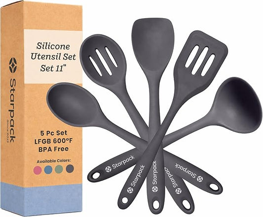 Starpack Stir and Serve Silicone Cooking Utensils Set (5-Piece, 11") - LFGB Non Toxic, 600°F Heat Resistant, BPA-Free - One-Piece Seamless, Dishwasher Safe - for Nonstick Cookware, Gray Black