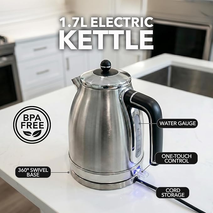 OVENTE 1.7L Electric Kettle, 1500W Fast Boiling Water Heater for Coffee or Tea with Stainless Steel BPA-Free and Cordless Body, Auto Shut-Off, Boil-Dry Protection and Removable Filter, Silver KS777S