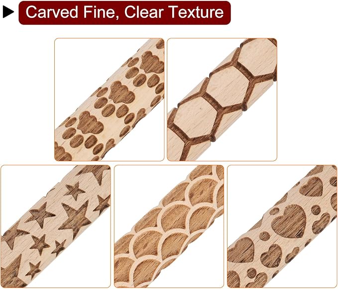 HARFINGTON 5pcs Wood Clay Roller 4" Paw Print Pattern Rolling Pins Wood Rollers Pottery Tools Wood Grain Texture Rollers for Clay Baking Dough Playdough DIY