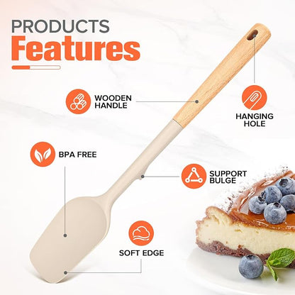 Large Silicone Rubber Spatula Scrapers 14" with Long Wood Handle, Heat Resistant, Essential Baking Tools for Mixing, Stirring, Scraping, Spreading for Nonstick Cookwares, Pack of 2 (Khaki)