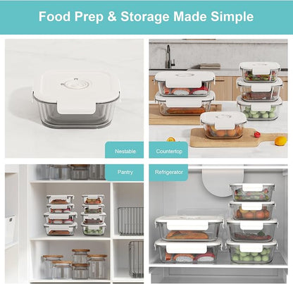 Vacuum Seal Glass Food Storage Containers, 6pcs Containerswith 10pcs Sous Vide Bags/ 1pc Automatic Pump, Meal Prep Container with Airtight Locking Lids for Lunch,Long-Lasting Freshness