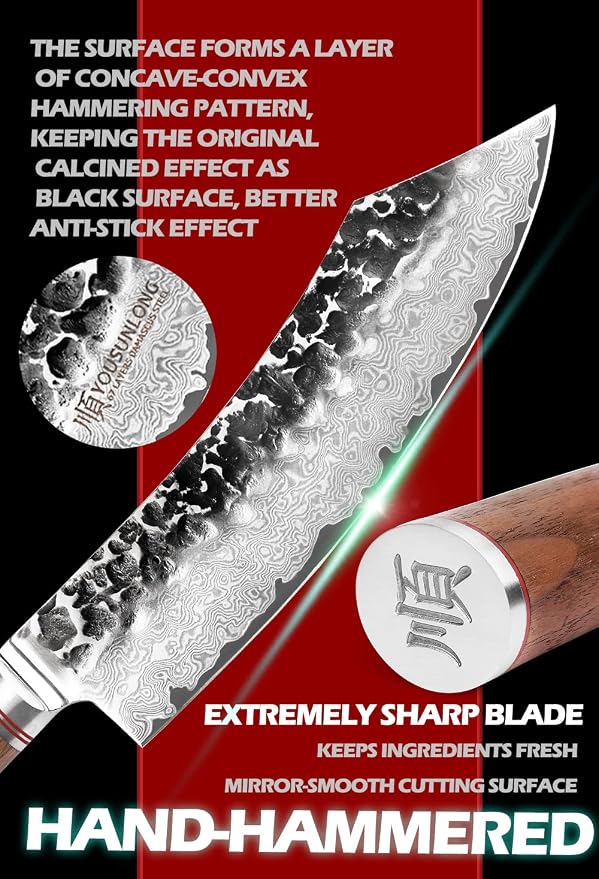 YOUSUNLONG Butcher Knife 8" Cimitar Hybrid Cleaver Japanese Hammered Damascus Steel Natural Walnut Wooden Handle