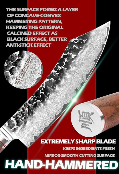 YOUSUNLONG Butcher Knife 8" Cimitar Hybrid Cleaver Japanese Hammered Damascus Steel Natural Walnut Wooden Handle