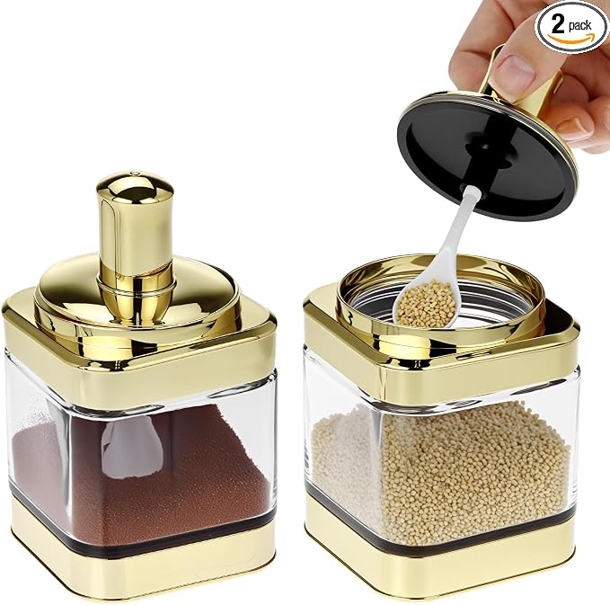 QWORK Glass Condiment Jars with Spoon, 2 Pack 12oz Spice Containers with Gold Lid, Sugar Dispense, Kitchen Containers, Seasoning Box Set for Sugar, Salt, Coffee, Flour & Kitchen Storage