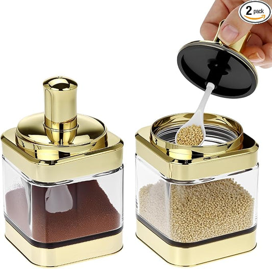 QWORK Glass Condiment Jars with Spoon, 2 Pack 12oz Spice Containers with Gold Lid, Sugar Dispense, Kitchen Containers, Seasoning Box Set for Sugar, Salt, Coffee, Flour & Kitchen Storage