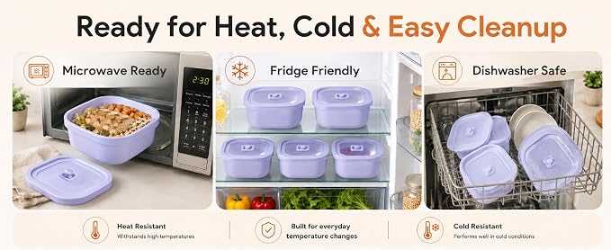 3 Pack Food Storage Containers with Easy-Open Vent Lids, Leak Resistant BPA-Free Meal Prep Containers, Microwave Freezer Dishwasher Safe, Stackable Food Containers,Purple,17oz 34oz 51oz