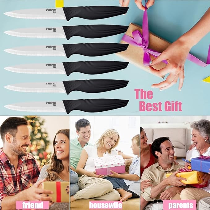 Steak Knives set of 6, Nano ID Ceramic Stake Knife Sharp Ceramic Knife Perfect Festival Present (black)