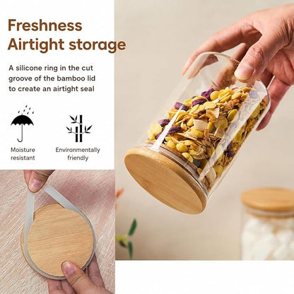 Coffee Sugar Container Salts Jars - 15oz Glass Airtight Caning with Bamboo Lids and Spoons Scoop, Storage Overnight Oats, Spice, Creamer, Food Organizer, Set of 3