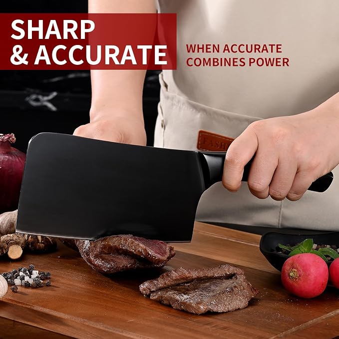 SHI BA ZI ZUO Chopping Knife and Fruit Knife,Black Ti Coating Kitchen Knife Set Meat Bone Chopper Meat knives Paring knives with Anti-Slip Hollow Handle