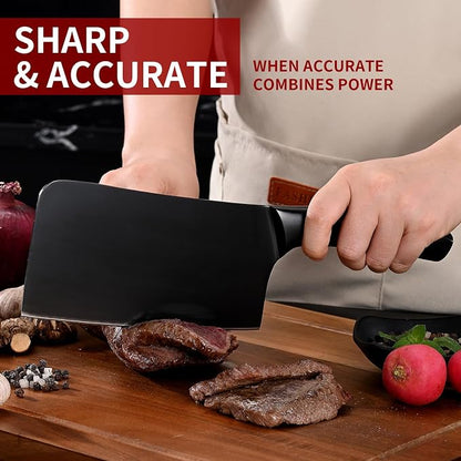 SHI BA ZI ZUO Chopping Knife and Fruit Knife,Black Ti Coating Kitchen Knife Set Meat Bone Chopper Meat knives Paring knives with Anti-Slip Hollow Handle