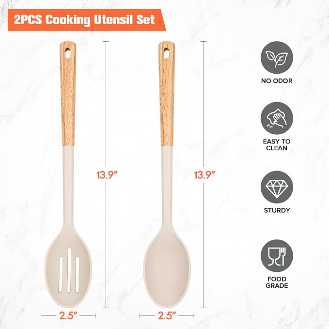 Large Silicone Slotted Spoon&Spoon with Wooden Handle for Nonstick Cookware,Kitchen Cooking Spoons for Mixing,Serving& Stirring,Heat-Resistant Utensils Spoon Set of 2,BPA Free (Khaki)