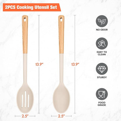 Large Silicone Slotted Spoon&Spoon with Wooden Handle for Nonstick Cookware,Kitchen Cooking Spoons for Mixing,Serving& Stirring,Heat-Resistant Utensils Spoon Set of 2,BPA Free (Khaki)