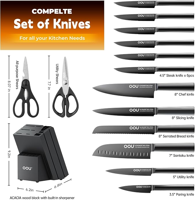 OOU Kitchen Knife Block Set - 15 Pieces High Carbon Stainless Steel Knife Block Set with Built-in Sharpening Blocks, Black