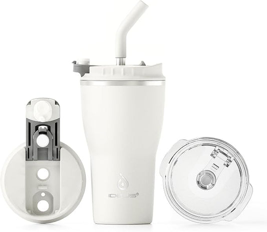IDEUS Insulated Tumbler with Lid and Straw 14 oz, Stainless Steel Double-Wall Vacuum Leak-Proof Travel Coffee Mug, Cup Holder Friendly, White