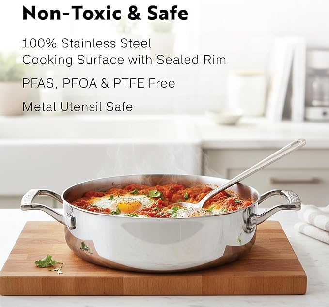 10-Piece Triply Stainless Steel Cookware Set - Fully Clad Pots and Pans Set with 8 Qt Pasta Pot, Saute, Saucepan, Frying Pan - Non Toxic Cookware - Induction, Dishwasher & Oven Safe