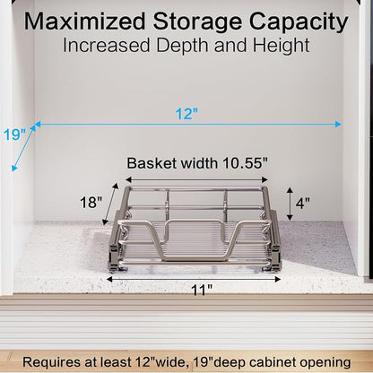 2-Tier Kitchen Cabinet Pull Out Shelf and Drawer Organizer Slide Out Pantry Storaqe Basket in Multiple Sizes (11" W x 18" D,1 Tier)
