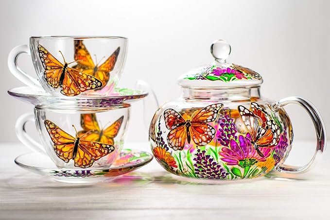 Butterflies and Flowers Teapot with 2 Cups and Saucers - Wedding Gift for Mom - Elegant Tea Set Women Hand Painted Personalized Mother's Day Gift, Luxurious Tea Accessories Tea Party Gift