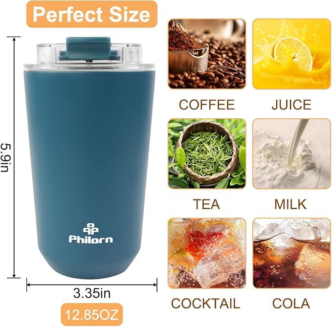 PHILORN Coffee Mug with Lid, 12 OZ Travel Mug, Leak-proof to go Coffee Mug, Stainless Steel Thermal Coffee Mug with Double Wall, Insulated Coffee Tumbler for Men and Women for Hot & Cold Drinks, P922