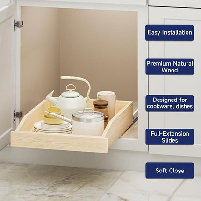 Pull Out Cabinet Organizer 16.5" W x 21" D, Soft Close Slide Out Wood Drawer Shelf for Kitchen Cabinets, Pull Out Cabinet Drawer for Base Cabinet, Pantry and Bathroom Storage, Bottom Mount