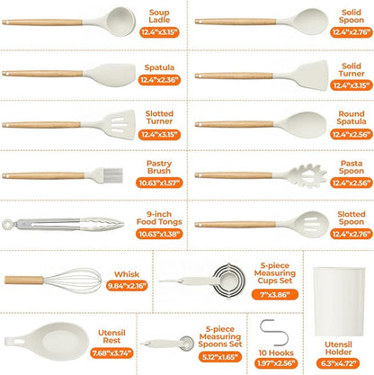 WISELIFE Kitchen Utensils Set - 33 PCS, Heat-Resistant Silicone Cooking Utensils Set with Wooden Handle, BPA-Free Kitchen Gadgets Spatula Sets with Holder for Nonstick Cookware (White)