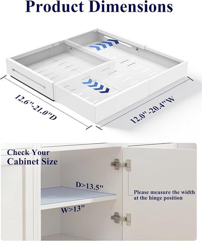 Kitsure Pull Out Cabinet Organizer - 2 Pack(12.6"-21" D x 12"-20.4" W) Expandable Sliding Cabinet Shelves, Smooth Glide Drawer Organizer, Kitchen & Pantry Storage, Framed & Frameless Cabinets