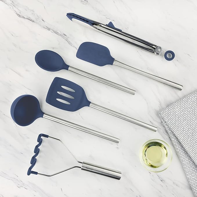 Tovolo Silicone Cooking Utensil Set of 6 Stainless Steel Handle Ladle Slotted Turner Tongs Flex Core Spatula Scraper Mixing Spoon & Potato Masher, Dishwasher Safe BPA Free Utensils, Deep Indigo