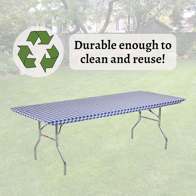 Kwik-Covers 8' Rectangle Plastic Table Covers 30" x 96", Bundle of 5 (Blue Gingham)