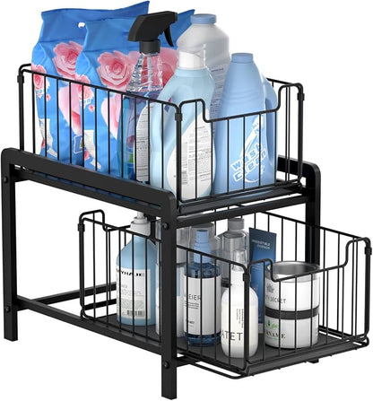 NPPLUS 2-Tier Under Sink Organzier: Iron Under Sink Cabinet Organizers With Sliding Drawer - Pull Out Home Storage For Bathroom Kitchen Desktop (Black)