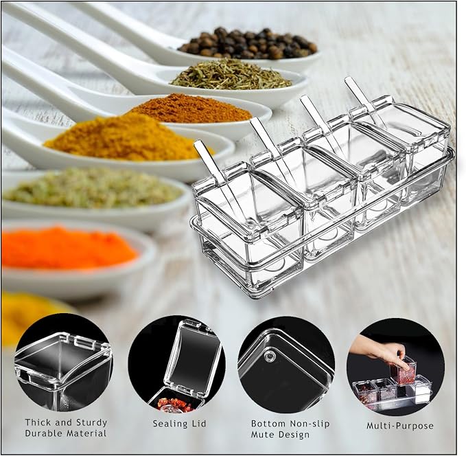 Clear 4-Piece Condiment Seasoning Container Set with Lids & Spoons | 4pc clear condiment set with lids & spoons, non-slip tray countertop storage for salt sugar pepper spice
