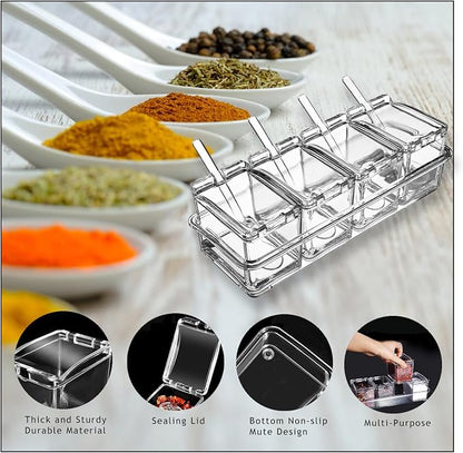 Clear 4-Piece Condiment Seasoning Container Set with Lids & Spoons | 4pc clear condiment set with lids & spoons, non-slip tray countertop storage for salt sugar pepper spice