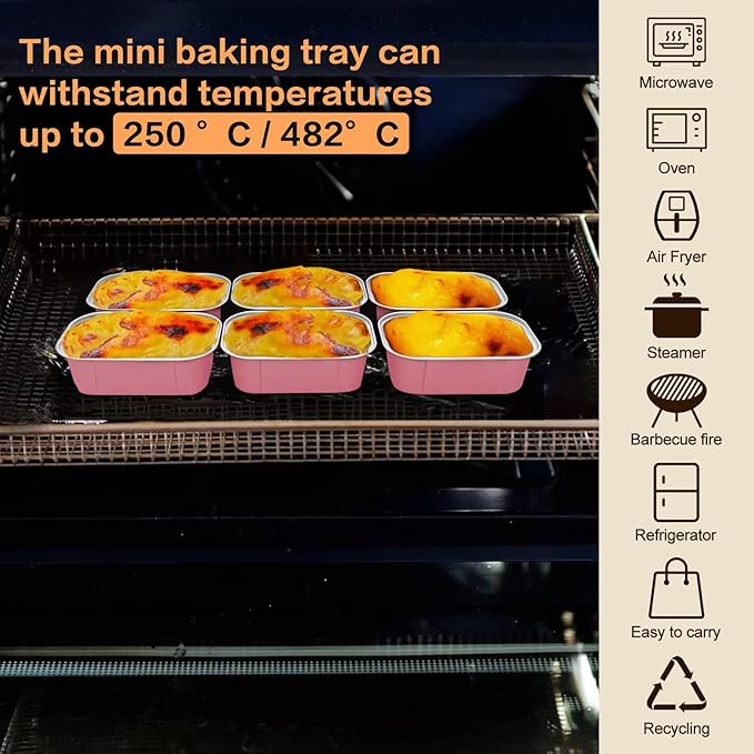 Mini Cake Pans With Lids And Spoons,5.5 oz Rectangle Mini individual Loaf Pans Disposable Aluminum Foil Small Baking Cups Tins (200, Pink)