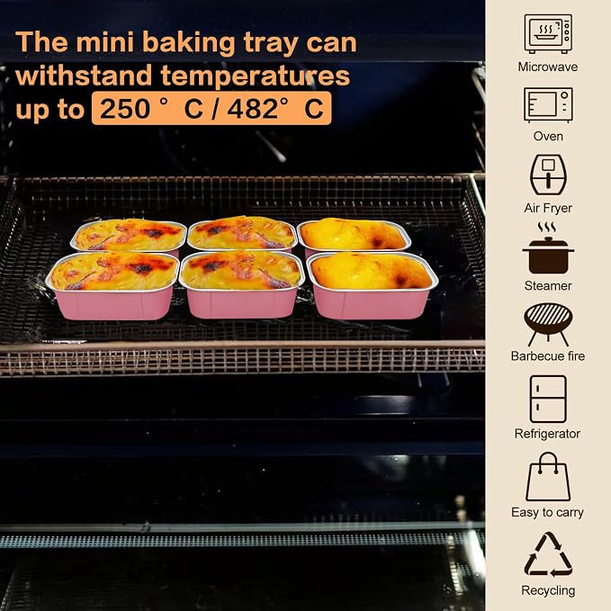 Mini Cake Pans With Lids And Spoons,5.5 oz Rectangle Mini individual Loaf Pans Disposable Aluminum Foil Small Baking Cups Tins (100, Pink)