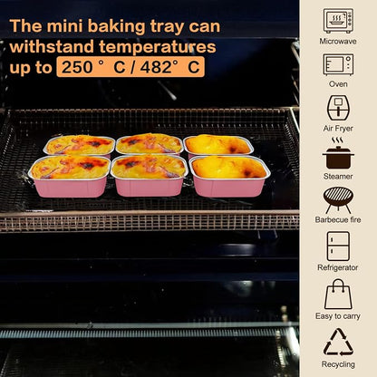 Mini Cake Pans With Lids And Spoons,5.5 oz Rectangle Mini individual Loaf Pans Disposable Aluminum Foil Small Baking Cups Tins (100, Pink)