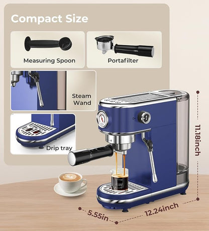 atatix 20 Bar Espresso Machine with Milk Frother, Compact Espresso Maker, Stainless Steel Coffee Machine with Precise Temp Control & 44oz Removable Water Tank for Latte, Cappuccino, Dark Blue